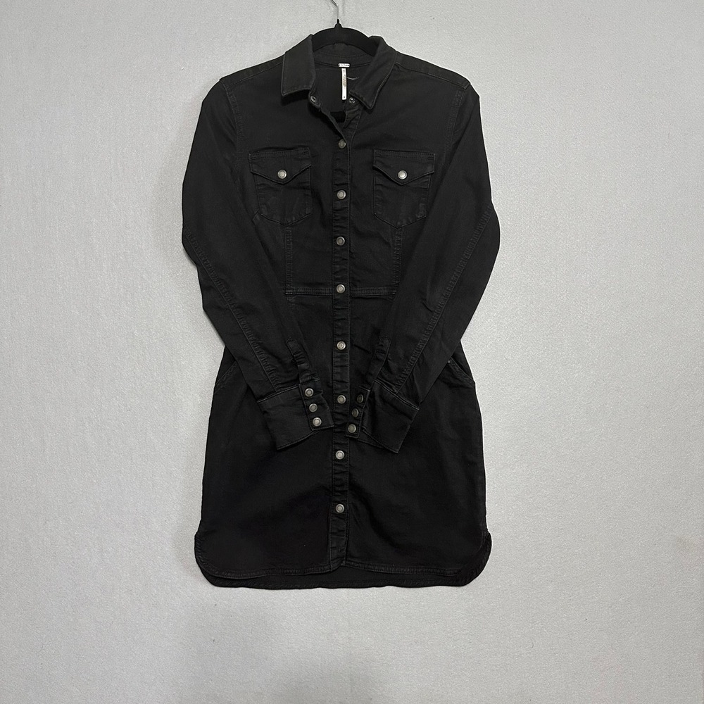 Free People Black Denim Button Down Mini Dress Long Sleeve Size M - Picture 1 of 7